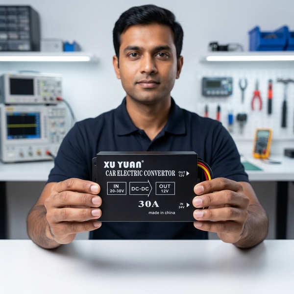 30A DC power transformer 24v to 12v shown by a man in a tech workshop holding the device.