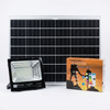 200W Solar Floodlight with solar panel and packaging, ideal for outdoor lighting solutions.