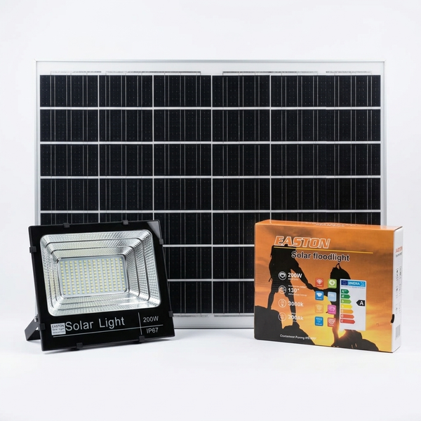 200W Solar Floodlight with solar panel and packaging, ideal for outdoor lighting solutions.