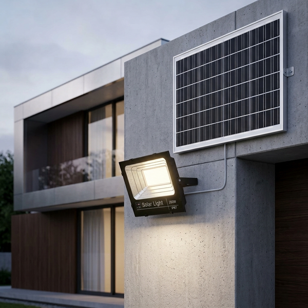 200W Solar Floodlight mounted on a wall with a solar panel, illuminating an outdoor area for practical lighting.
