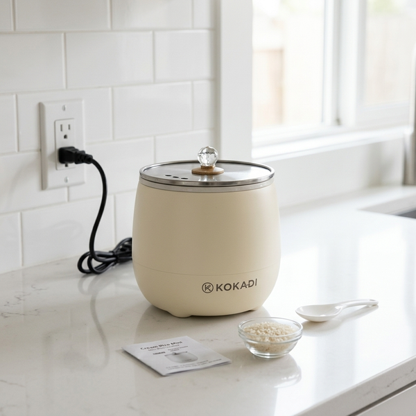 Mini Rice Cooker on countertop with rice, measuring spoon, and instruction booklet for easy cooking.
