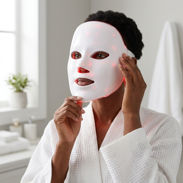 Person adjusting an LED Face Mask – Facial LED Light Mask for an at-home skincare routine.