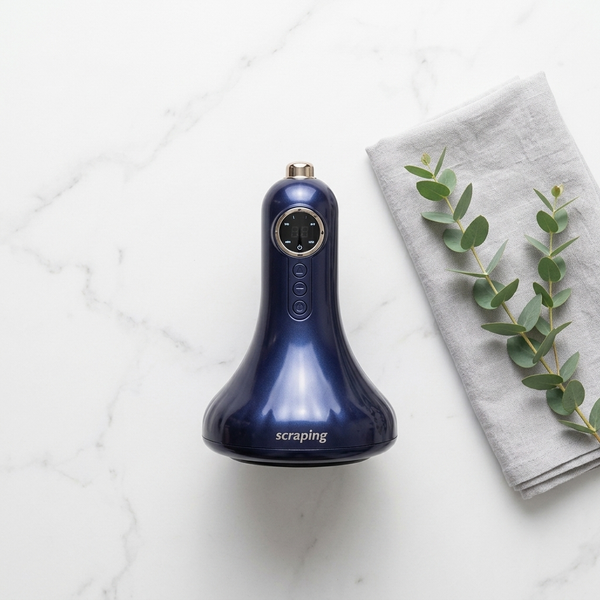 Electric Cupping Massage Device on a marble surface with a gray cloth and a green plant nearby.