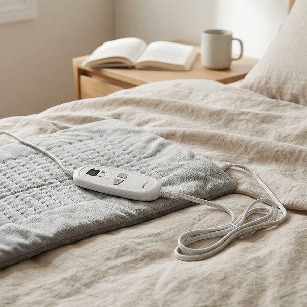 Electric Heated Massage Blanket with control unit on a cozy bedspread, ideal for warmth and comfort.