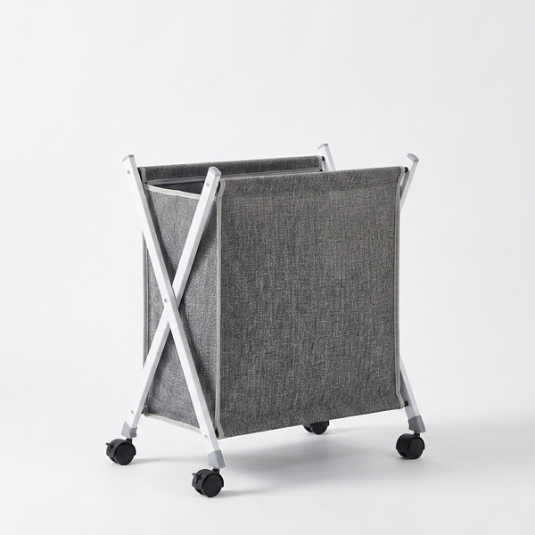 Collapsible Laundry Basket with Wheels in grey fabric and wheeled frame for easy laundry transport.