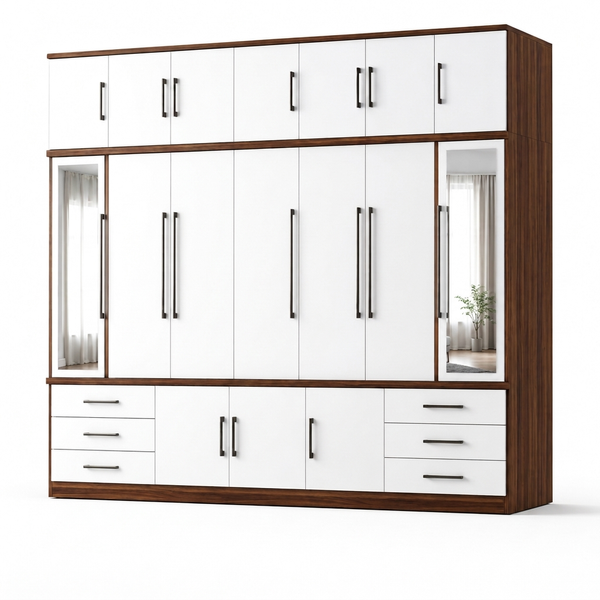 Large Modern Wardrobe with Mirrors featuring multiple storage sections and a sleek design with mirrored panels.