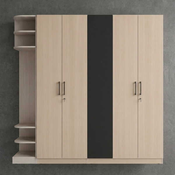 4 Door Wardrobe with Open Shelves – Light Wood design featuring enclosed storage and accessible shelving for organization.