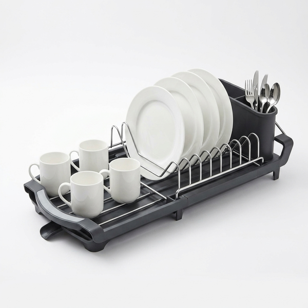 2-Tier Kitchen Dish Drying Rack with Utensil Holder featuring plates, cups, and cutlery drying.