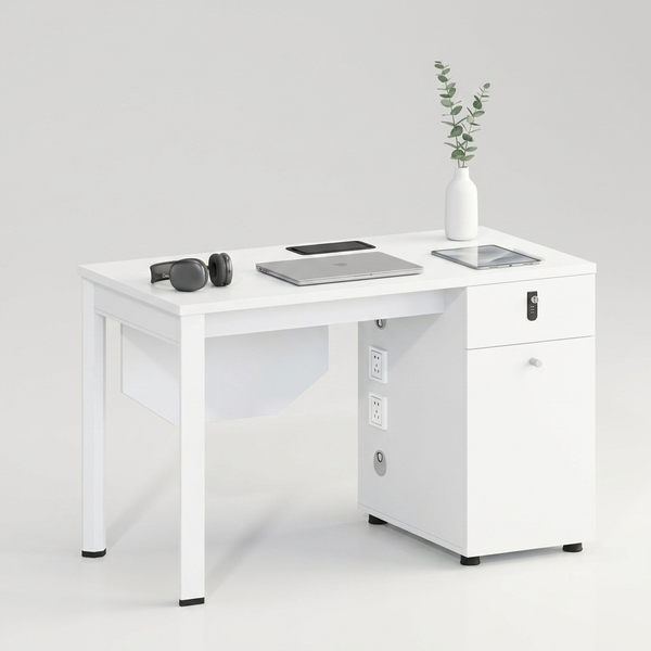 Smart Office Desk Pedestal Power Outlets Lock Drawer with headphones, tablet, and integrated power outlets.