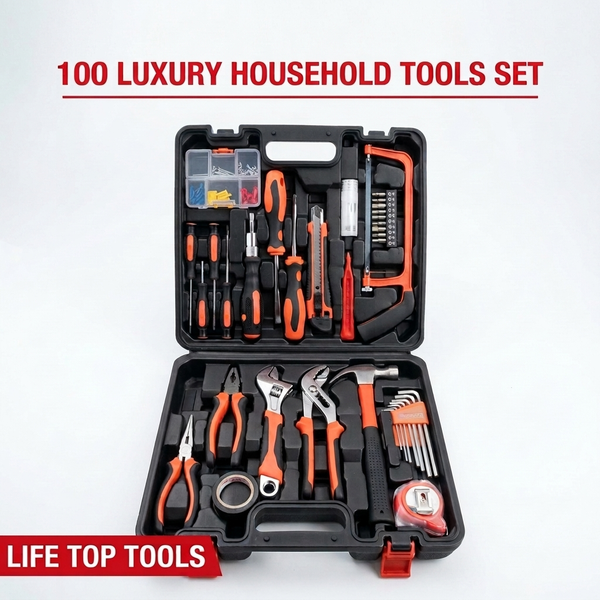 100-Piece Hand Tool Set with Storage Case displayed in organized storage case for easy access to various tools.