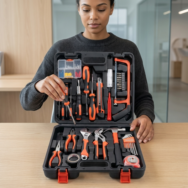 100-Piece Hand Tool Set with Storage Case displayed by a person, showcasing organized hand tools in a black case.
