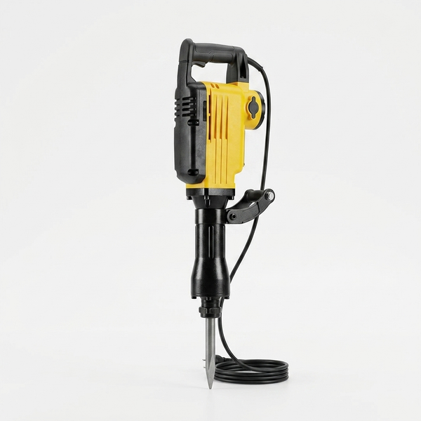 Electric Demolition Hammer with Chisels and Carry Case shown in a sleek design with chisel attachment.