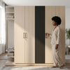 4 Door Wardrobe with Open Shelves in light wood color, featuring a woman in loungewear opening a door.