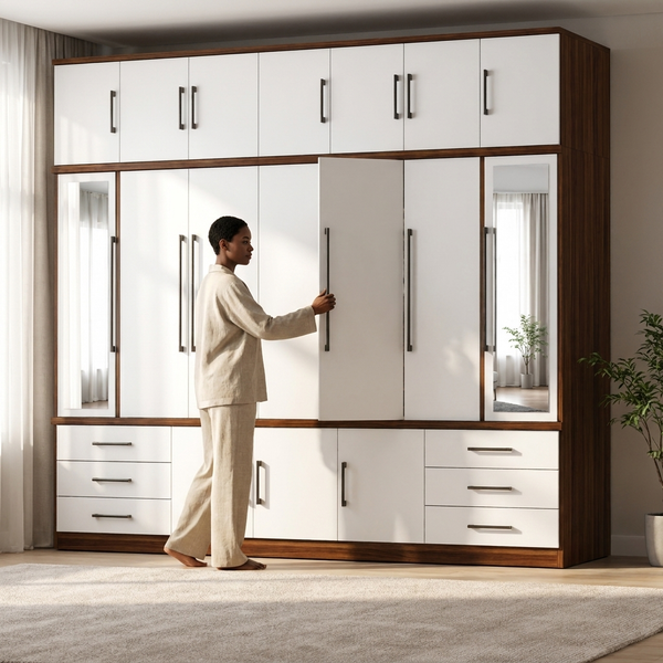 Large Modern Wardrobe with Mirrors in a stylish room with a person organizing clothes.