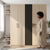 4 Door Wardrobe with Open Shelves in light wood color, featuring a woman in loungewear opening a door.