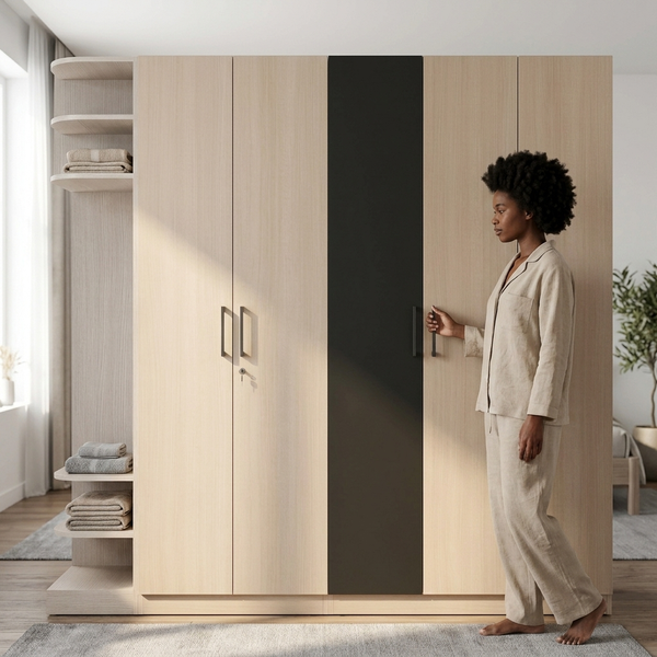 4 Door Wardrobe with Open Shelves in light wood color, featuring a woman in loungewear opening a door.
