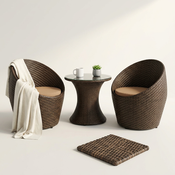 3-Piece Rattan Outdoor Bistro Set featuring two curved chairs and a stylish table, perfect for patios or balconies.