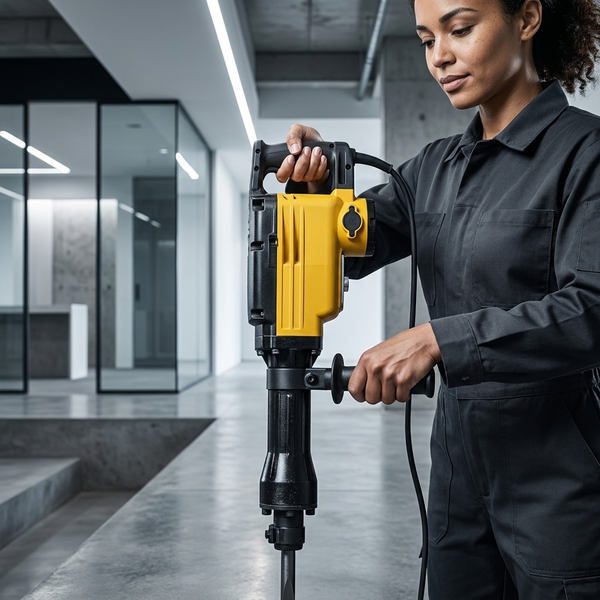 Electric Demolition Hammer with Chisels and Carry Case being used in a modern interior space.