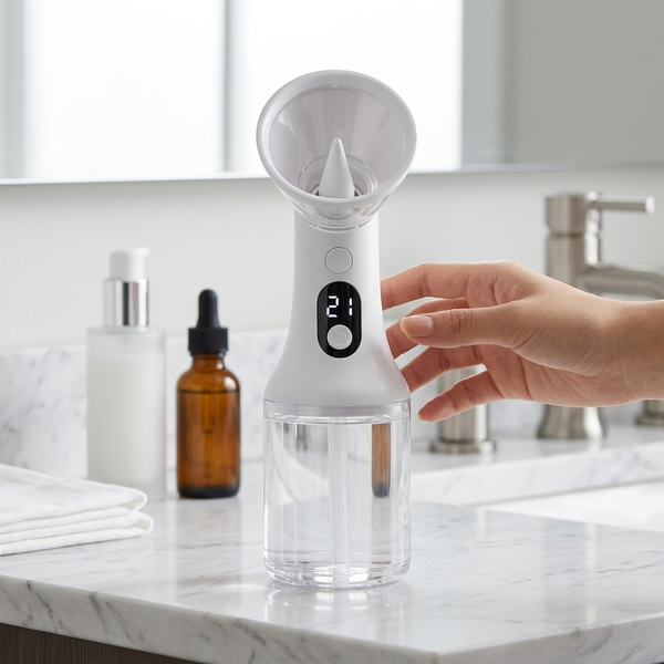 Ear Cleaning Syringe on a bathroom counter, showcasing a clear reservoir and user-friendly design.