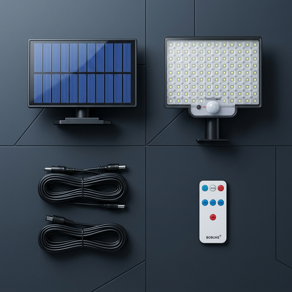 108-LED Split Solar Flood Light PIR Motion Remote with solar panel and remote control on dark background