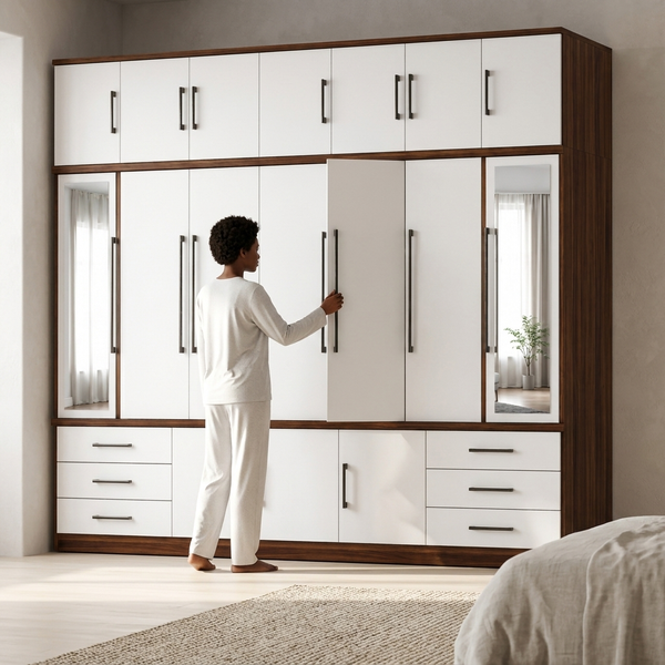 Large Modern Wardrobe with Mirrors in a stylish bedroom setting, featuring multiple storage options and mirrored panels.