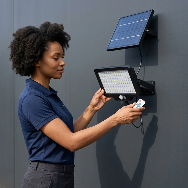 108-LED Split Solar Flood Light PIR Motion Remote being adjusted by a woman with solar panel on the wall.
