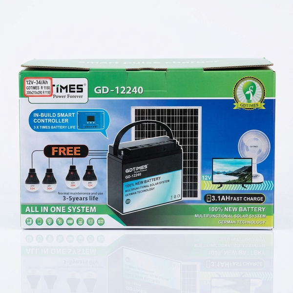 All-in-One Solar Power System 3.1Ah 4 LED Bulbs 12V packaging with battery and solar panel.