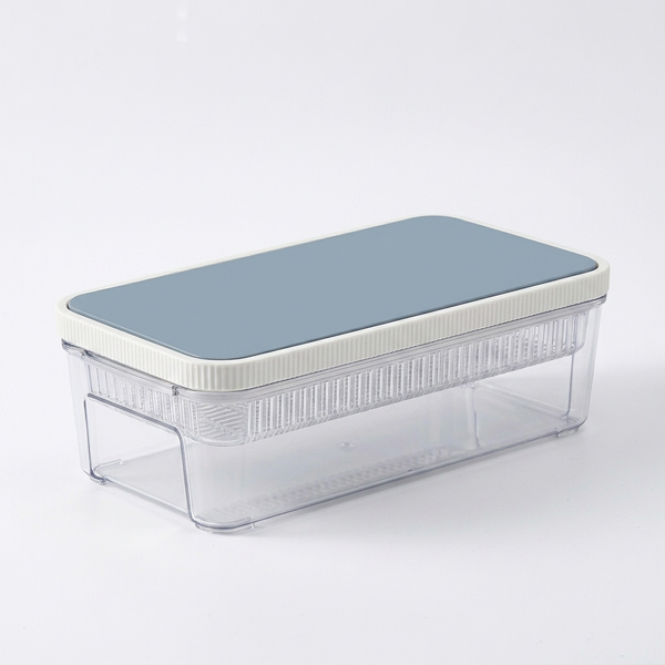 Premium Vegetable Dicer & Food Chopper, a clear storage container with a blue lid for vegetable preparation.