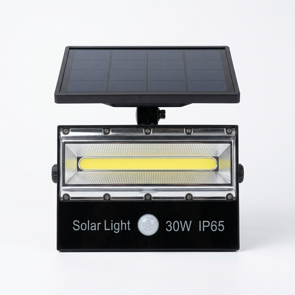 30W Solar COB Flood Light PIR IP65 with solar panel and motion sensor for outdoor use.