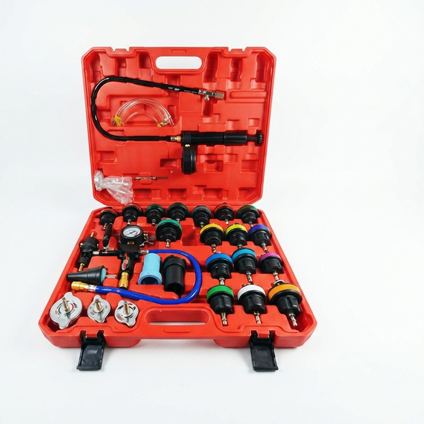 Water Tank Leak Detection Test Kit components including pressure gauge, hand pump, hoses, and connection adapters.