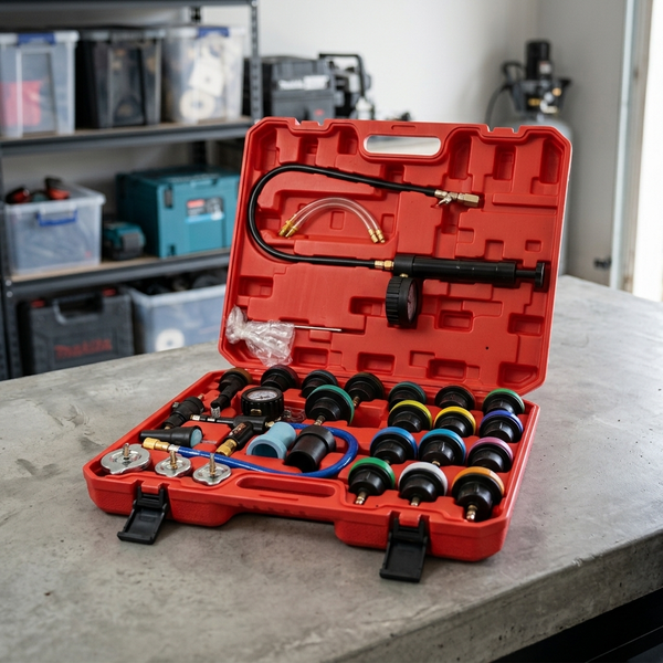 Water Tank Leak Detection Test Kit with pressure gauge, hand pump, hoses, and connection adapters in a red case.