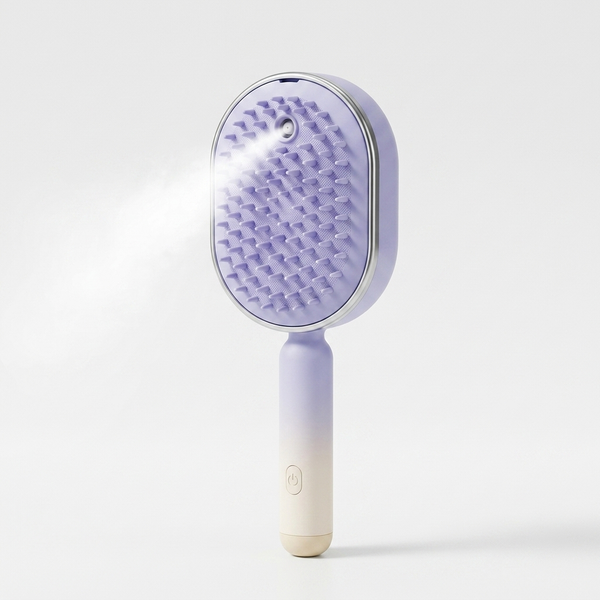 Spray Scalp Massage Comb featuring rounded teeth and spray function for gentle scalp massage and hair care.
