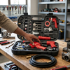 Pneumatic Tool Set with Air Tools and Accessories, featuring various air-powered tools in a portable carrying case.
