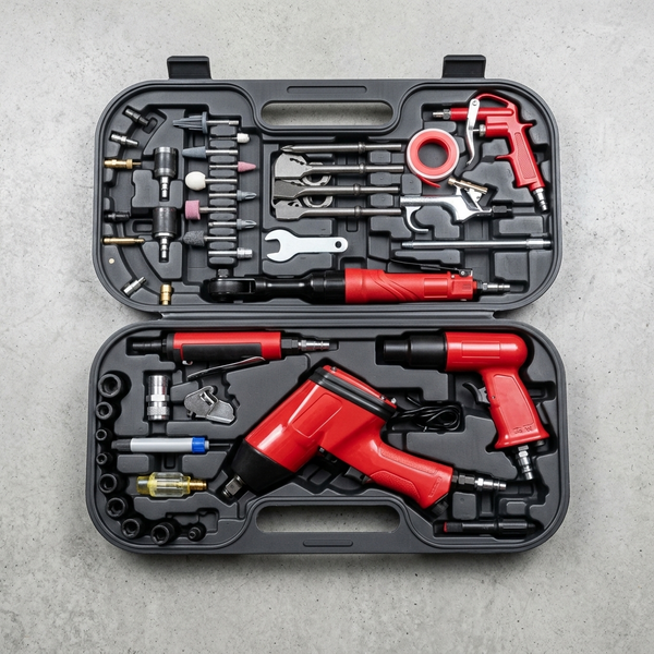 Pneumatic Tool Set with Air Tools and Accessories in a portable carrying case, neatly organized with various tools and fittings.