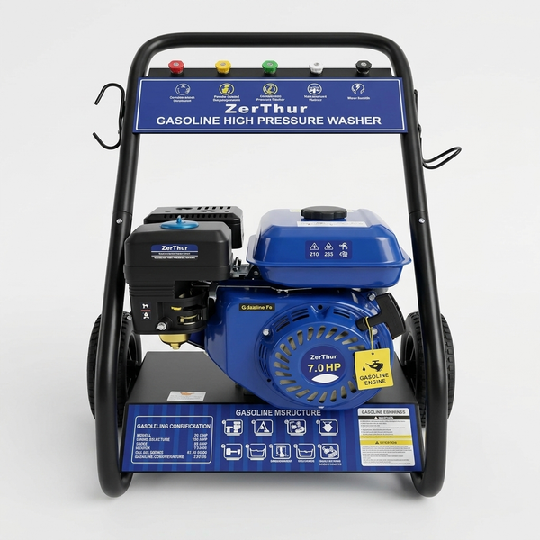 Gasoline Powered High-Pressure Washer on a portable frame with 7.0 HP engine and control panel for outdoor cleaning tasks.
