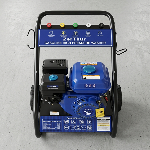 Gasoline Powered High-Pressure Washer with engine and controls, designed for outdoor cleaning tasks.