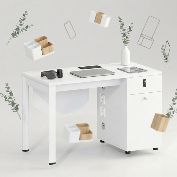 Smart Office Desk Pedestal Power Outlets Lock Drawer with storage, power outlets, and cable management features.