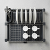 2-Tier Kitchen Dish Drying Rack with Utensil Holder featuring plates, cups, and cutlery neatly organized.