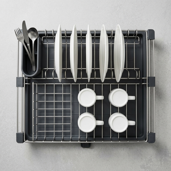 2-Tier Kitchen Dish Drying Rack with Utensil Holder featuring plates, cups, and cutlery neatly organized.