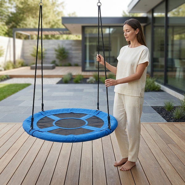 A woman stands next to a vibrant blue Hanging Saucer Swing in a modern outdoor setting, perfect for relaxation.