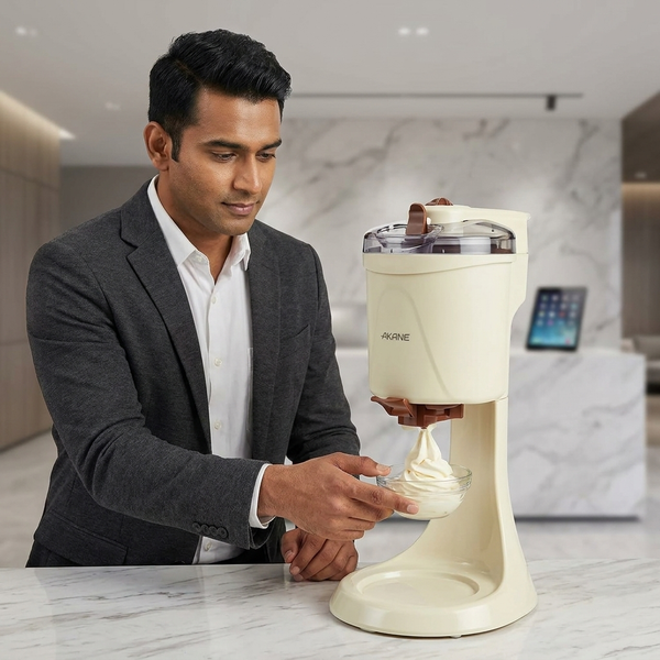 Person using an Ice Cream Machine to serve soft-serve ice cream in a bowl at a modern kitchen.