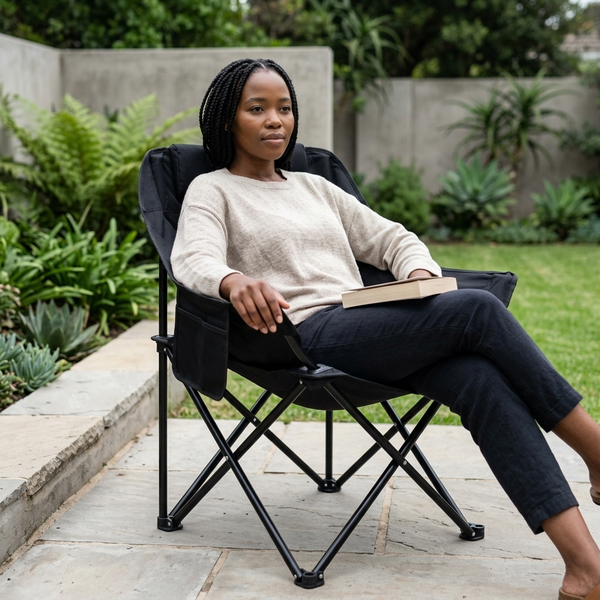 A woman sitting comfortably in a Black Folding Moon Chair outdoors, showcasing its stylish and foldable design.