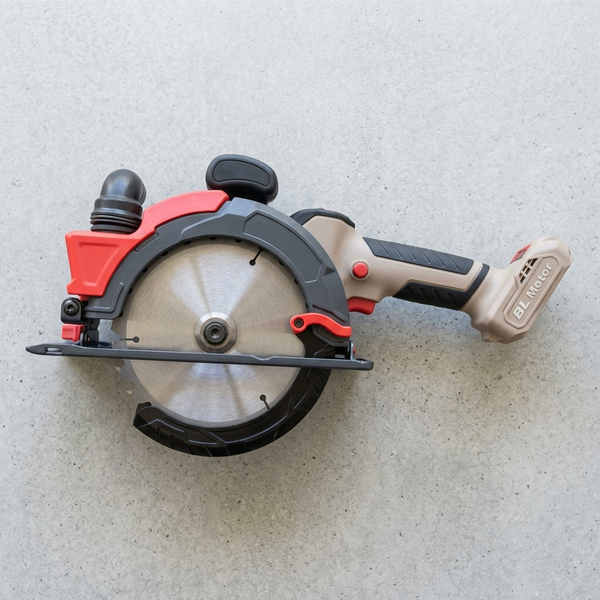 Cordless Circular Saw with Protective Blade Guard on a gray surface, showcasing its compact design and blade guard features.