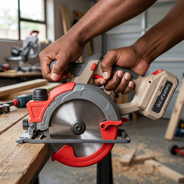 Cordless Circular Saw with Protective Blade Guard being used on wooden material in a workshop.