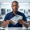 12V 60A Fan-Cooled Switching Power Supply. Person holding a 12v 40A Fan-Cooled Power Supply Unit in a tech workshop setting, showcasing its design and features.