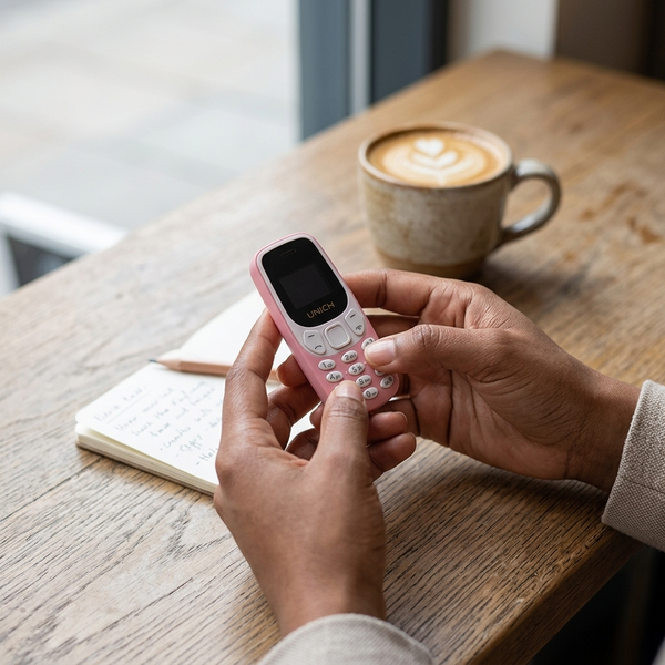 Person holding a Compact Mini GSM Mobile Phone with Keypad beside a cup of coffee and a notepad.