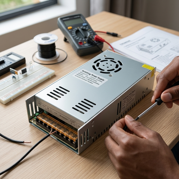 12V 60A Fan-Cooled Switching Power Supply. Person working on a 12v 40A Fan-Cooled Power Supply Unit on a wooden table with multimeter and circuit components.