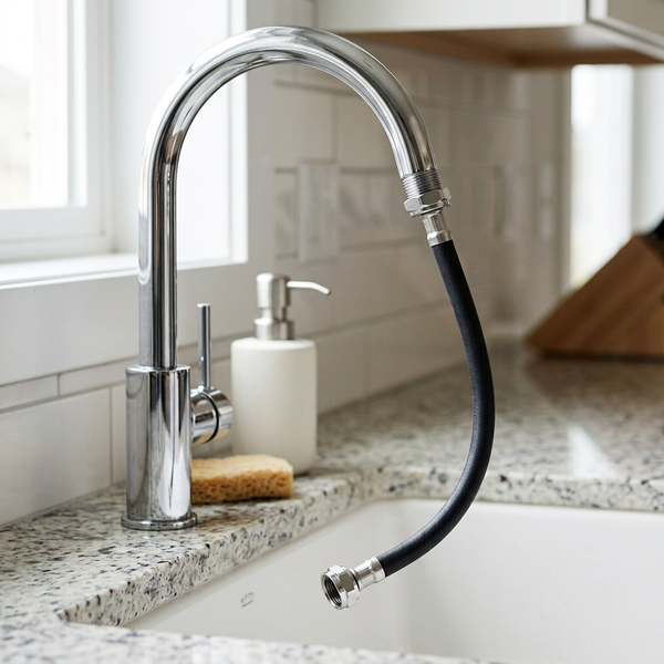 Flexible Braided Hose Assembly showcasing a chrome faucet with a flexible black hose attached, placed near a sink.