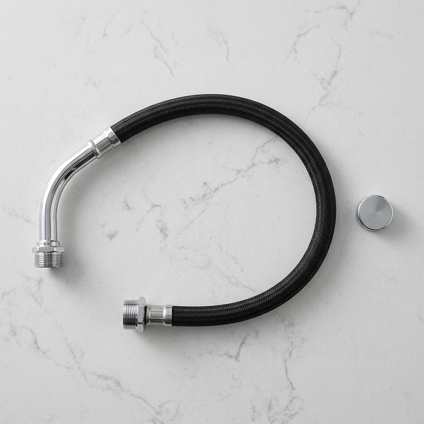 Flexible Braided Hose Assembly with threaded metal fittings on a marble background.