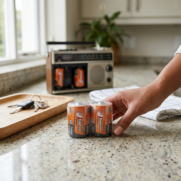Person placing D-Size 1.5V Carbon Batteries 2 Pack on a kitchen countertop with a vintage radio in the background.